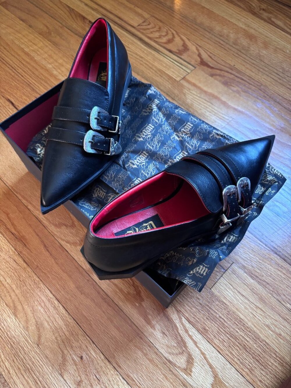 Black Pointed-Toe Loafers With Double Buckle & Red Interior Gothic Style Sz 9 by - Picture 6 of 8